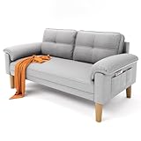 Xbro Sofa 2 Sitzer, 144 x 77 x 77 cm Kleine Couch 2 Sitzer mit Armlehne und Seitentasche, Modernes Stoffsofa für Wohnzimmer, Wohnung, Büro, Einfache Montage, Hellgrau