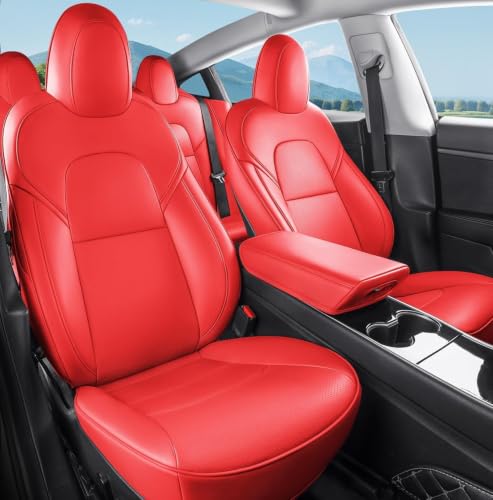 NLQR Full Seat Cover Set Perforated Leather Protector Cushion Red Compatible with Tesla Model 3 2017 2018 2019 2020 2021 2022 2023