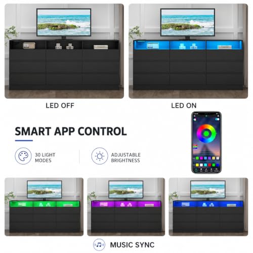 Image of Loomie 9 Drawer Dresser for Bedroom with LED Lights & Power Outlet
