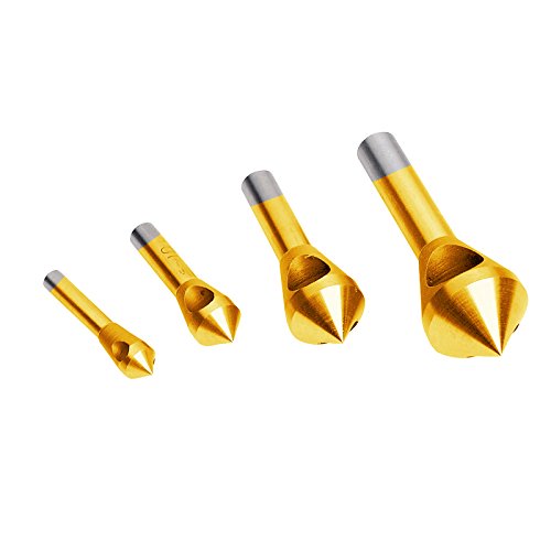 Micro Traders 4Pc Titanium Coated HSS Countersinks and Deburring Tools Wood Chamfer Drill Set