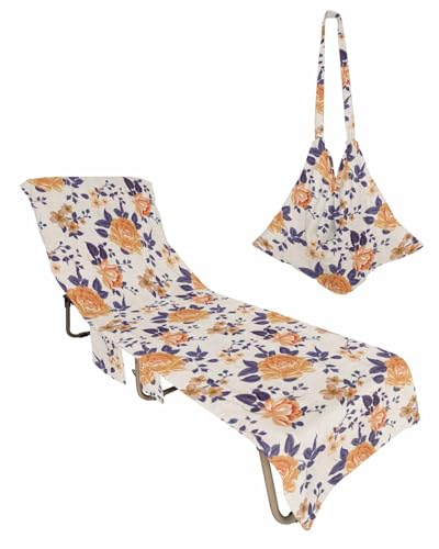 Orange Spring Floral Beach Lounge Chair Towel Cover, Soft Chaise Lounge Towel with Side Pockets Patio Pool Chairs Cover for Beach/Pool Sunbathing 29x85 Purple Botanical Watercolor Chic