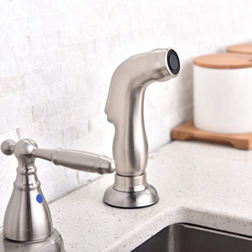 Modern Lead Free High Arc Swivel Spout Two Handle Side Sprayer Kitchen Faucet, Brushed Nickel Finished Kitchen Sink Faucet
