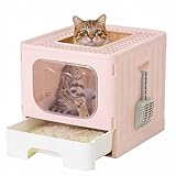 OLIXIS Cat Litter Box with Lid, Large Foldable Cat Box with Litter Scoop, Front Entry Top Exit Kitty Litter Box with Door, Easy Cleaning Drawer Design Odor Control, Pink