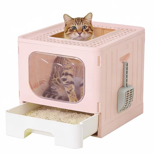 OLIXIS Cat Litter Box with Lid, Large Foldable Cat Box with Litter Scoop, Front Entry Top Exit Kitty Litter Box with Door, Easy Cleaning Drawer Design Odor Control, Pink