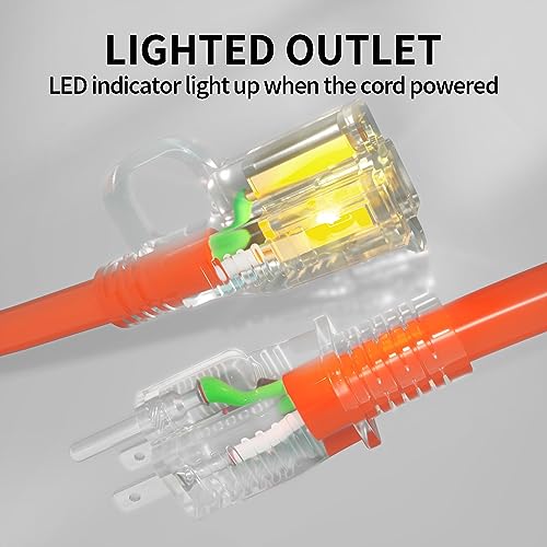 25 Ft 12/3 Outdoor Extension Cord Waterproof Heavy Duty With Lighted Indicator End 12 Gauge 3 Prong, Flexible Cold-Resistant Long Power Cord Outside, 15Amp 1875W Sjtw Orange Etl Listed Powgrn #TOP1