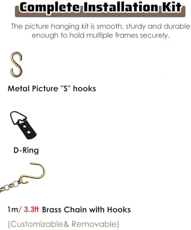 Adjustable Picture Hanging System for Art & Photos, Brass Frame Display Kit with Chains & Hooks, Perfect for Living Room Wall Decor (2pcs)