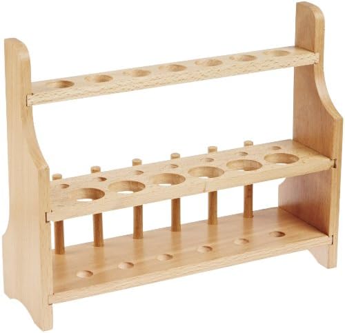 Wooden Test Tube Rack with 6 Draining Pins - Accommodates 13 Tubes, up to 25mm - 10.25" Wide, 8" Tall - Premium Polished Beech Wood Construction - Eisco Labs