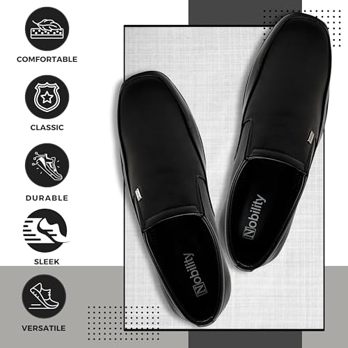 Image of NOBILITY Faux Leather Black Formal Slip On Shoes for Men || Comfortable Walking || Classic Design || Breathable || Slip Resistant ||