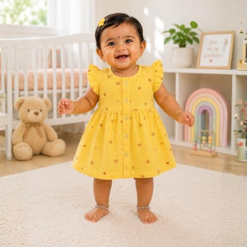 Image of Lilimi Toddler Baby Girl Cotton Muslin Dress, Breathable Flutter Sleeve Button-Front Cute Frocks