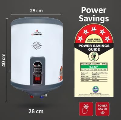 Dimensions of the ACTIVA Heat-Max geyser and BEE energy label