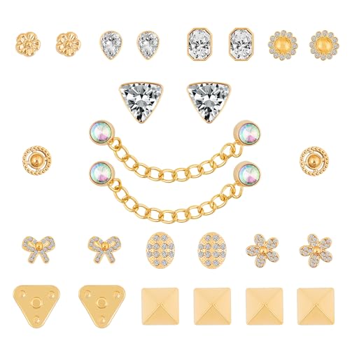 26PCS Bling Croc Shoe Charms for Women Gold Rhinestone Flower Chain Decorations Cute Shoe Decoration for Adults Birthday Party Valentines Day Gifts