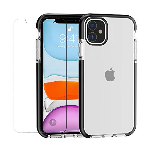 Prechkle Funda para iPhone 11 con [Protector de Pantalla de Vidrio Templado*1], Cubierta Trasera de TPU Transparente Suave y Marco a Prueba de Golpes TPE, Funda iPhone 11 de 6.1 Pulgadas-Negro