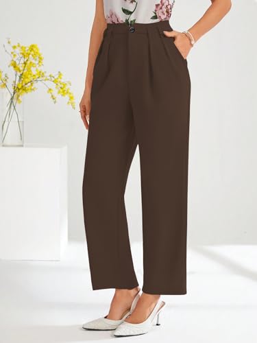 Image of Shasmi Women's High Waist Pleated Straight Leg Trousers - Elegant Solid Color Work Pants with Pockets, Casual Office Wear Polyester Blend Wide Leg Suit Pants (Trouser 235)
