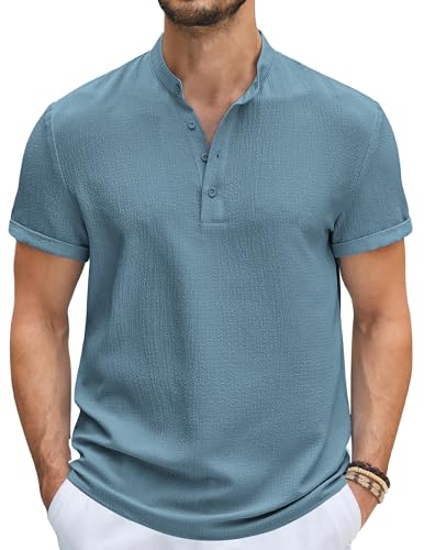 COOFANDY Men Summer Linen Tee Shirt Short Sleeve Henley Banded Collar Yoga T Shirt Dark Blue