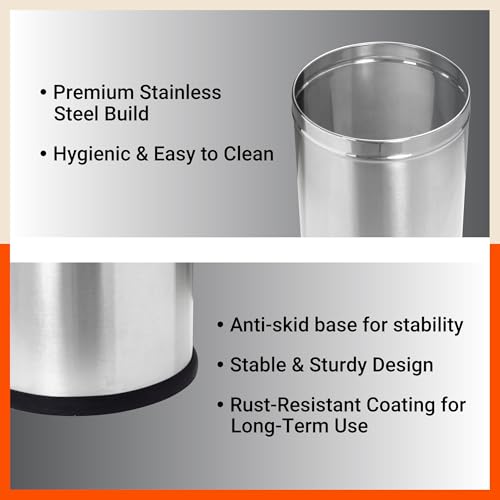 Image of Bathla Stainless Steel Open Dustbin for Home, Office & Kitchen - 8 Litres | Open Top Garbage Bin for Dry Waste, Paper & Recycling | Durable, Rust-Resistant & Space-Saving Trash Can