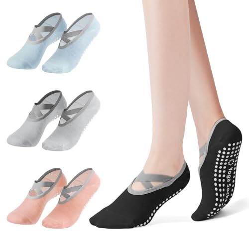 4 Pairs Yoga Socks for Women Non-Slip Grips & Straps Ideal for Pilates Pure Barre Ballet Dance Barefoot Workout (Black+Grey+Blue+Orange)