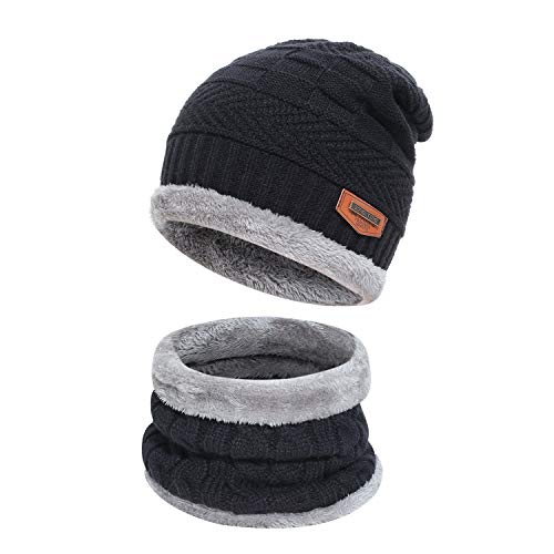 Kids Boys Girls Winter Warm Knit Beanie Hat Cap and Scarf Set with Fleece Lining Black