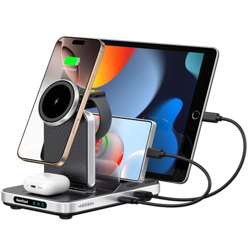 Charging Station for Apple Multiple Devices, SwanScout 901M, Magnetic Wireless Charger for iPhone 16/15/14/13/12 Series, for Apple Watch 10/9/8/7/6, Ultra 2/Ultra, for AirPods/iPad/Tablet/Switch