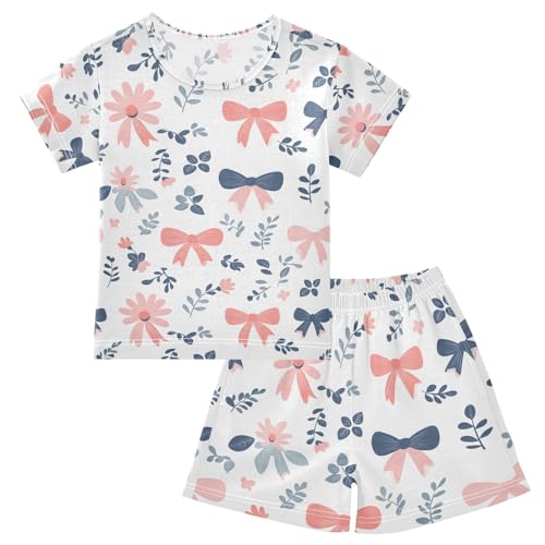 ALAZA Bow Flower Floral Print Pajamas Set Short Sleeve Cotton Sleepwear Summer Pjs 2 Piece 5-14Y