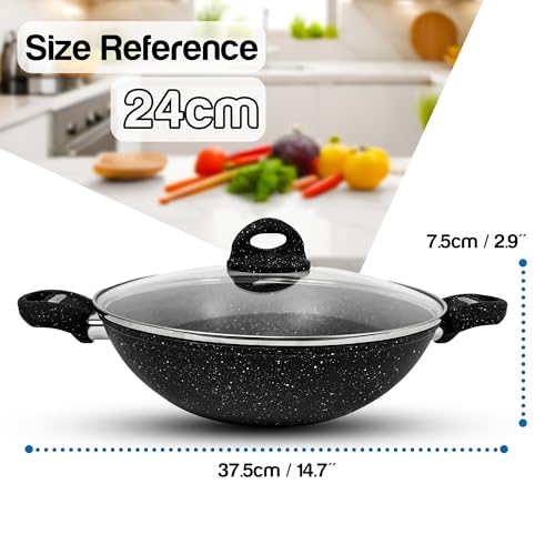 AKH HOUSEWARE Non Stick Wok 24CM Deep Frying Pan with Lid Forged Aluminum Induction Hob Pan with - Double Handle - Soft Touch - Saute Pan/Deep Stir Fry Pan (24CM) - Image 7