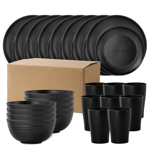 Blendra 32 Pieces Plates And Bowls Set,Plastic Plate Set,Microwave & Dishwasher Safe,Dinner Sets For 8 Include 22.5Cm Dinner Plates, 19.5Cm Salad Plates,320Ml Cup,800Ml Bowls(Black)
