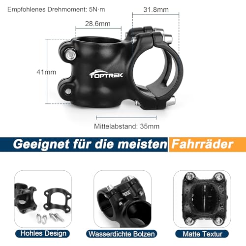 toptrek Fahrrad Vorbau 31,8mm, MTB Vorbau Fahrrad 35mm/45mm/60mm/70mm, 7° Lenkervorbau aus Aluminiumlegierung, Leichter Fahrradlenker Vorbau, Lenkererhöhung Fahrrad für MTB, BMX, Rennrad (35mm)