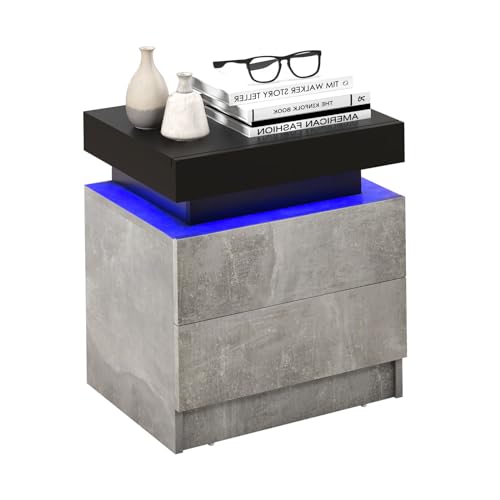 LIFEZEAL Comodino Camera da Letto, Comodino Led Design, con 2 Cassetti, Tavolino Laterale Divano con Luci Regolabile, Mobiletto, Controllo Remoto, Moderno, Salvaspazio, Max 30 kg, 45x35x52cm (grigio)