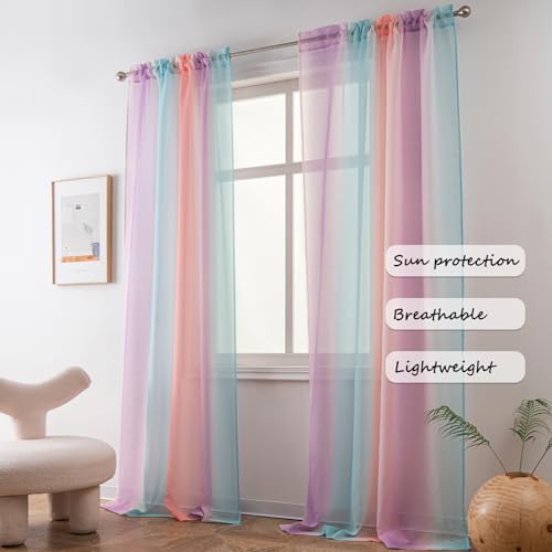 Yancorp Sheer Curtain 2 Panels Semi Bedroom Curtains 63 inches Length Linen Rainbow Ombre Curtains Rod Pocket Drapes Girls Living Room Mermaid Bedroom Nursery Kids Window Decor(Rainbow, 52"x63") by Yancorp - Image 2