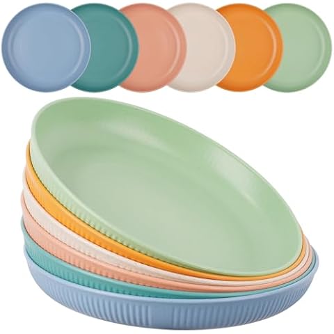 Phyllia Set of 6 Unbreakable Plastic Dinner Plates, 9 Inch Wheat Straw Plates, Dishwasher Microwave Safe Plates Reusable, Lightweight Plates for Kitchen Camping, Picnic, Party, Dorm Cover