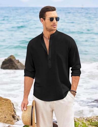 Image of ROYALSCOUT Men's Short Kurta | Solid Mandarin Collar Full Sleeve Pullover Style Kurta | Regular Fit Casual Ethnic Wear for Men