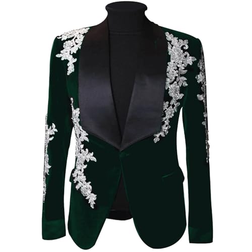 Men's Luxury Velvet Tuxedo with Lace Applique Slim Fit Single Breasted Suit Jacket for Wedding Prom Party Dinner