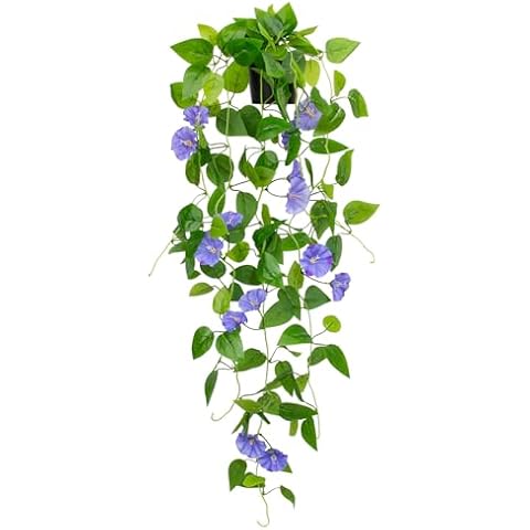 LUZOGA Artificial Pothos Potted Purple Silk Petunia Flowers Faux Ivy Vine Plant Hanging for Shelf Home Office Indoor Outdoor Garden Greenery Decor(Black Pot) Cover