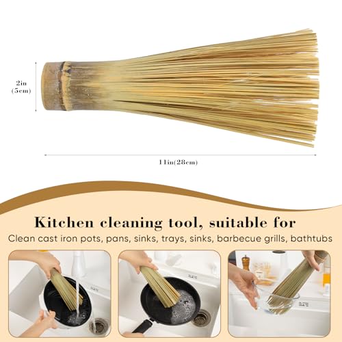 Ring-far Bamboo Pot Brush,Traditional Natural Bamboo Wok Brush,Kitchen Cleaning Brush, Suitable for Cleaning Cast Iron Pots, Pans, Sinks, Trays, Basins, Barbecue Grills and Bathtubs, 2 Pack… (Large)