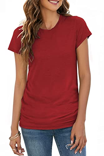 Sherosa Womens Short Sleeve Tee Shirts Casual Crew Neck Cotton Solid Color Tshirts Basic Red S #TOP18