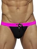 MIZOK Men's Sexy Color Block Swim Briefs Hot Body Bikini Swimwear with Adjustable Drawstring Black L