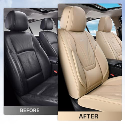 Image of Coverado Car Seat Covers Full Set, 5 Piece Car Seat Protector with Lumbar Support & Removable Headrest, Breathable Leather Front Rear Seat Cushion Universal Fit for Truck Automotive Beige