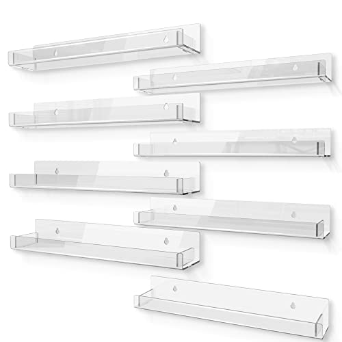 Image of RORKIM 8 Pack 15 Inch Clear Acrylic Shelves, Clear Kids Floating Bookshelf for Kids Room, Modern Nail Polish Rack Sunglasses Essential Oil Picture Ledge Display Toy Storage Wall Shelf