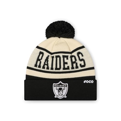 FOCO Las Vegas Raiders NFL Heritage Stripe Retro Logo Pom Beanie - Cream