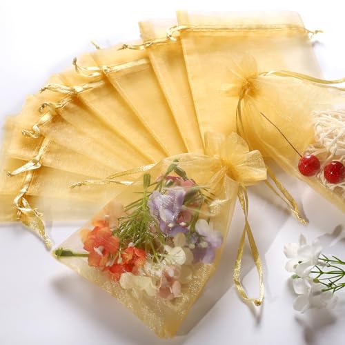 Image of Hopttreely 100pcs Gold Organza Gift Bags, 4 x 6 inch Satin Drawstring Candy Mesh Favor Bags Jewelry Pouches for Christmas Wedding Party