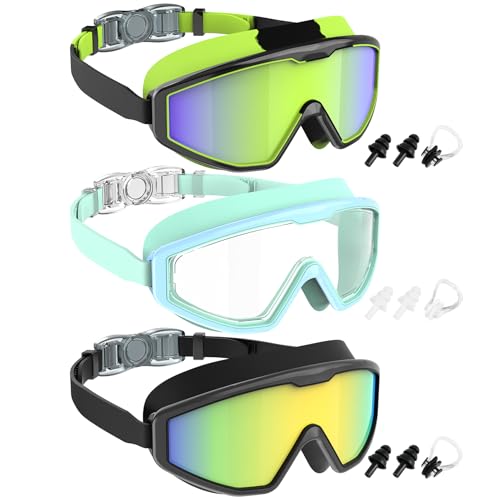 NSSIW Swimming Goggles Swim Kids: Water Pool Goggle With Nose Clip Earplugs Anti Fog UV400 for Girls Boys Youth 8-14 3 Pack by NSSIW - Used condition - CA$27.70