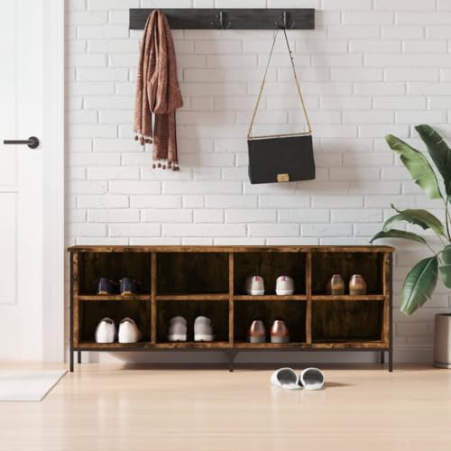 Zeehear Zapatero de roble ahumado, 131 x 35 x 50 cm, madera con 8 compartimentos, marco de acero estable, banco versátil para entrada y pasillo
