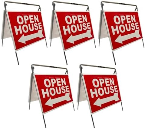 Open House Signs Metal A-Frame Kit - 5 Pack Real Estate Yard Signs 24x18 Inch Weatherproof Directional Property Signs Red