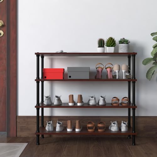 Image of TABLE MAGIC Jazz Shoe Rack 4T Multipurpose Shoe Rack Organizer Stand for Home 4 Shelfs Wood Steel D30 x W60 x H65cm (4 Tier, Mahogany)
