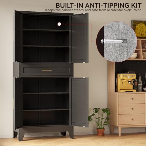 Image of COFaR 71 inch Metal Pantry Cabinet with Drawer, Black Storage Cabinet with Adjustable Shelves, 3-Section Industrial Cupboard for Kitchen & Office