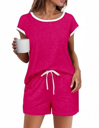 Image of Ekouaer Womens Pajamas Set 2 Piece Short Sleeves PJs O Neck Tops and Drawstring Waist Shorts Soft Lounge Set