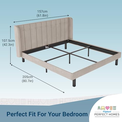 Image of Wooden Modern Upholstered Queen Size Bed for Bedroom | Wooden Double Bed Without Storage | Platform Cot Upholstered Bed with Upholstery Fabric | Engineered Wood | 6.5 x 5 Ft | Beige-A