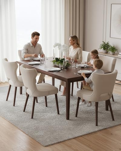 Image of Wooden Dining Chairs Set of 2, Farmhouse Dining Room Chairs with Solid Wood Legs, Mid Century Fabric Kitchen Chairs, Upholstered Chair for Restaurant & Cafe- Beige