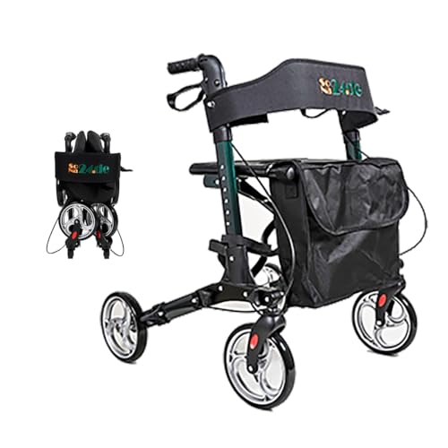 SoNa24 Leichtgewicht Rollator-moosgrün metallic | Antar AT51006 | dreifach faltbar für Reise, Auto, Flug, Zug | Set incl. Stockhalter, Rückengurt, Tasche, Ankipphilfe