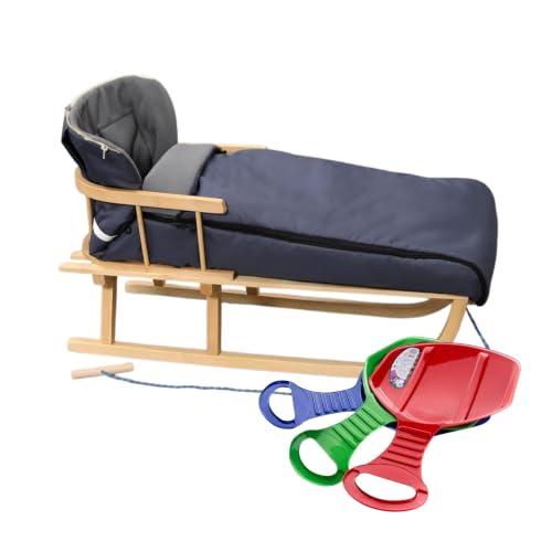 BirnePower Holzschlitten 90cm mit Rückenlehne und Winterfußsack 108cm in Grau Komplettset inkl. Zugseil & Gurt Rodelschlitten aus Buchenholz (Grau 108cm)
