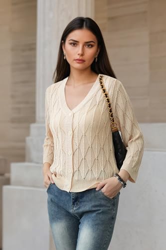 Image of Women's 2025 Crochet Sweater Cardigan 3 /4 Sleeve Lightweight Summer Knit Sweater | Open Front Boho Shrug Top | Beach Cover-Up & Office Wear | Machine Washable 21-Almond-L